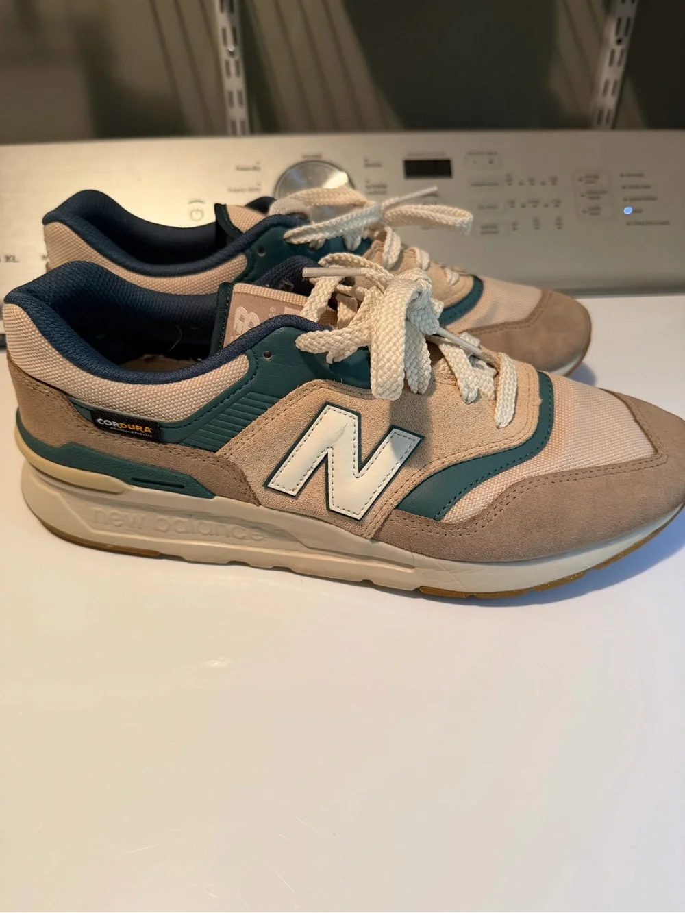 New Balance Beige and Teal Suede Mesh Sneakers